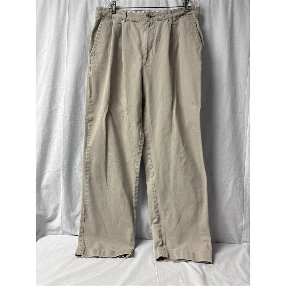 Tommy Hilfiger Men 36x30 Khaki Chino Pants Beige Pleated Cuffed Straight Leg